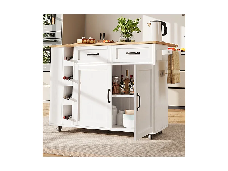 Ilot central de cuisine avec étagère à vin 2 tiroirs et 2 portes - 2 prises - Blanc+naturel - 131.5x43/76x90.7cm