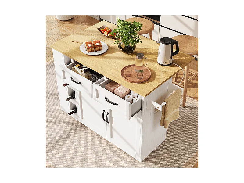 Ilot central de cuisine avec étagère à vin 2 tiroirs et 2 portes - 2 prises - Blanc+naturel - 131.5x43/76x90.7cm