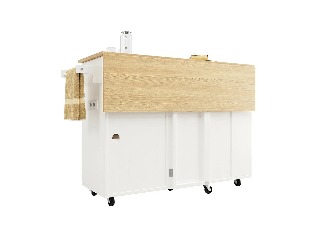 Ilot central de cuisine avec étagère à vin 2 tiroirs et 2 portes - 2 prises - Blanc+naturel - 131.5x43/76x90.7cm