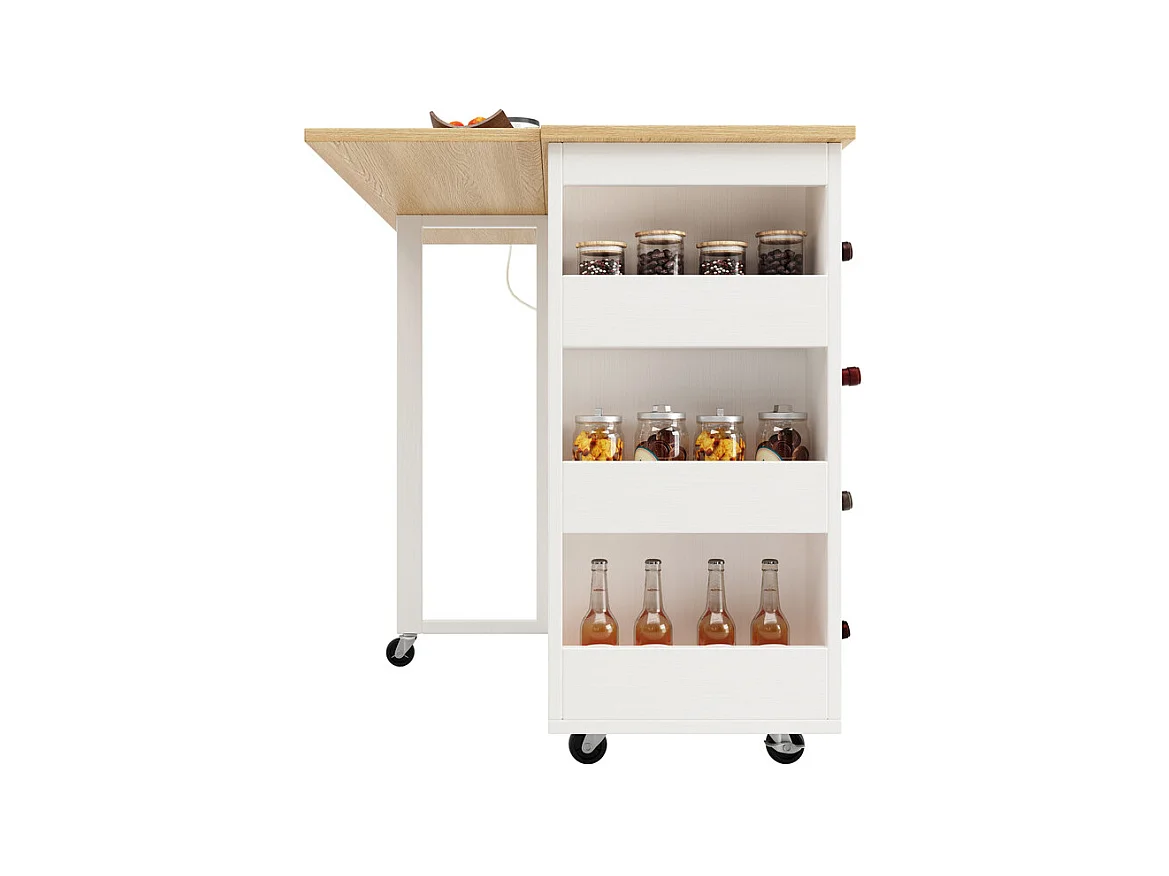 Ilot central de cuisine avec étagère à vin 2 tiroirs et 2 portes - 2 prises - Blanc+naturel - 131.5x43/76x90.7cm