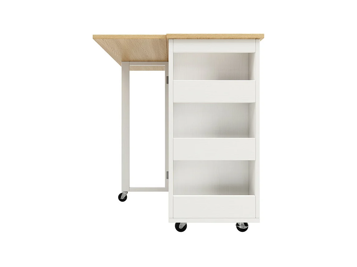 Ilot central de cuisine avec étagère à vin 2 tiroirs et 2 portes - 2 prises - Blanc+naturel - 131.5x43/76x90.7cm