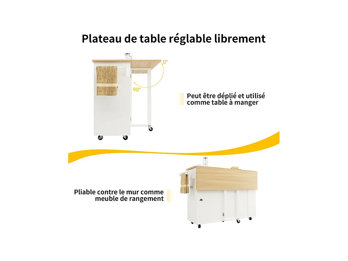 Ilot central de cuisine avec étagère à vin 2 tiroirs et 2 portes - 2 prises - Blanc+naturel - 131.5x43/76x90.7cm