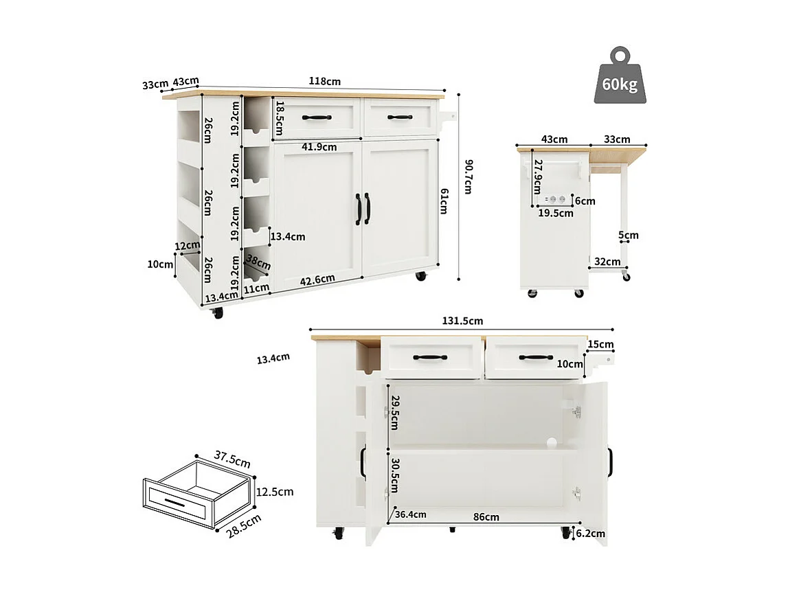 Ilot central de cuisine avec étagère à vin 2 tiroirs et 2 portes - 2 prises - Blanc+naturel - 131.5x43/76x90.7cm