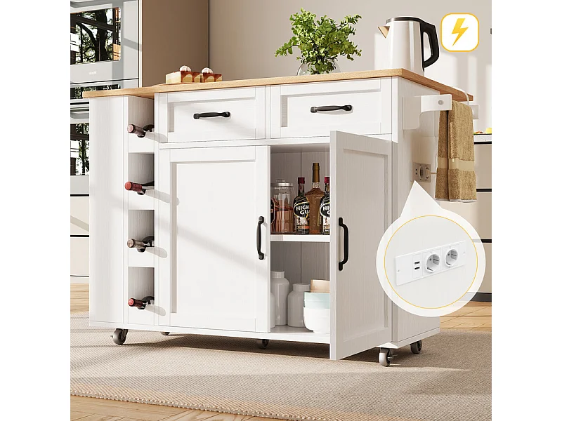 Ilot central de cuisine avec étagère à vin 2 tiroirs et 2 portes - 2 prises - Blanc+naturel - 131.5x43/76x90.7cm