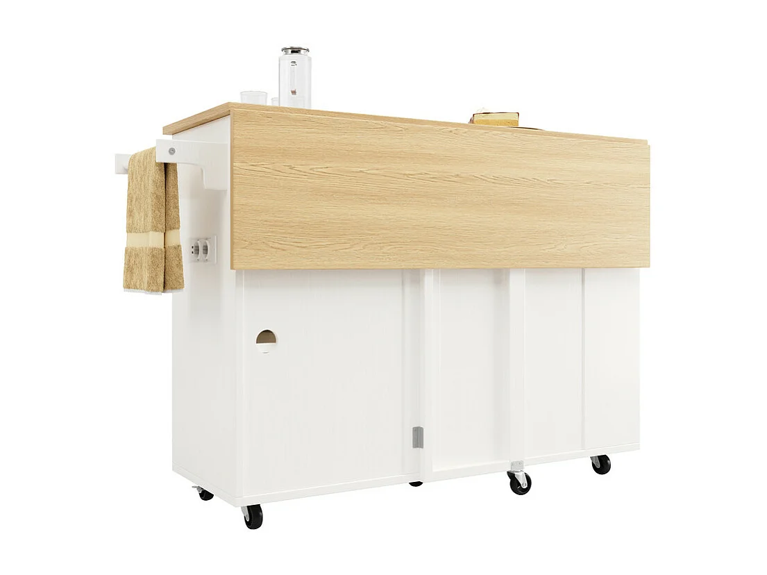 Ilot central de cuisine avec étagère à vin 2 tiroirs et 2 portes - 2 prises - Blanc+naturel - 131.5x43/76x90.7cm