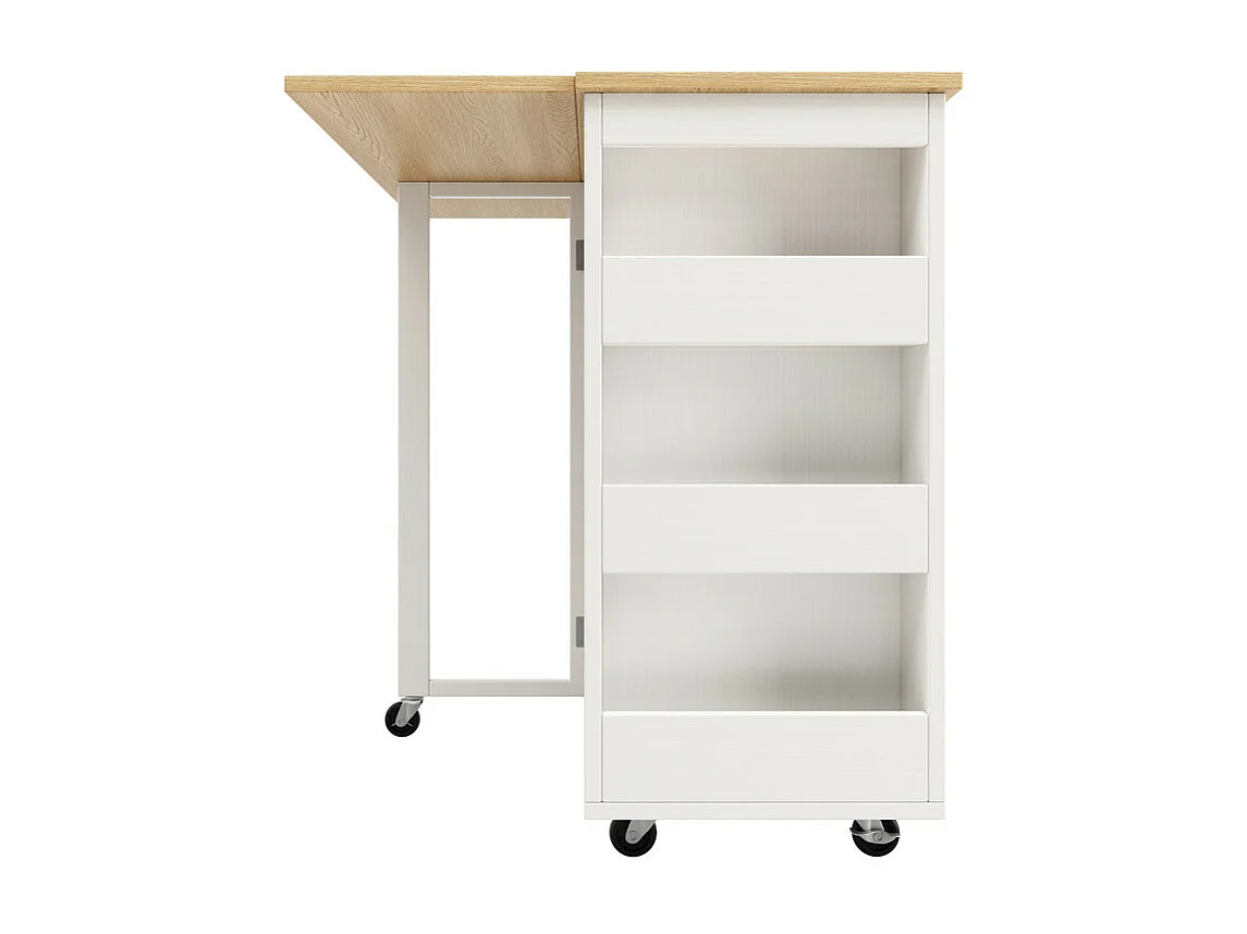 Ilot central de cuisine avec étagère à vin 2 tiroirs et 2 portes - 2 prises - Blanc+naturel - 131.5x43/76x90.7cm