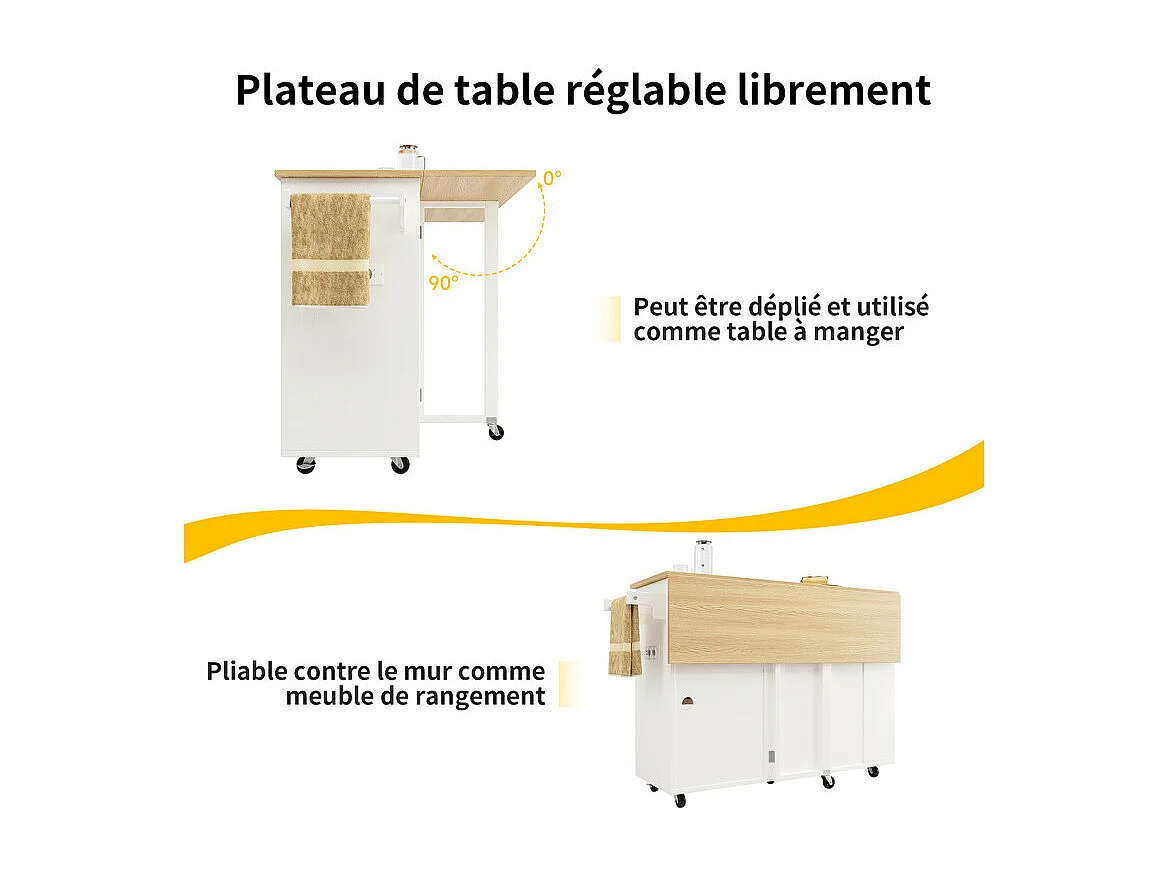 Ilot central de cuisine avec étagère à vin 2 tiroirs et 2 portes - 2 prises - Blanc+naturel - 131.5x43/76x90.7cm