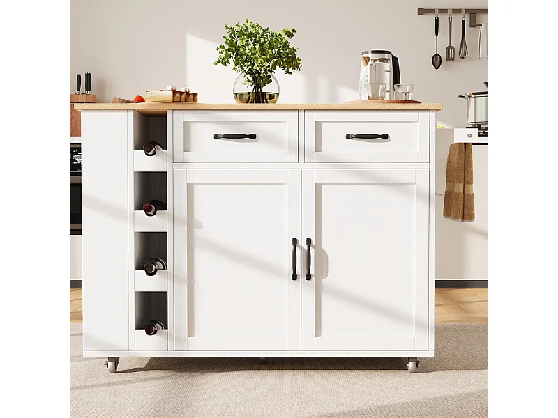 Isola centrale cucina con scaffale per vino 2 cassetti e 2 ante - 2 prese - Bianco+naturale - 131.5x43/76x90.7cm