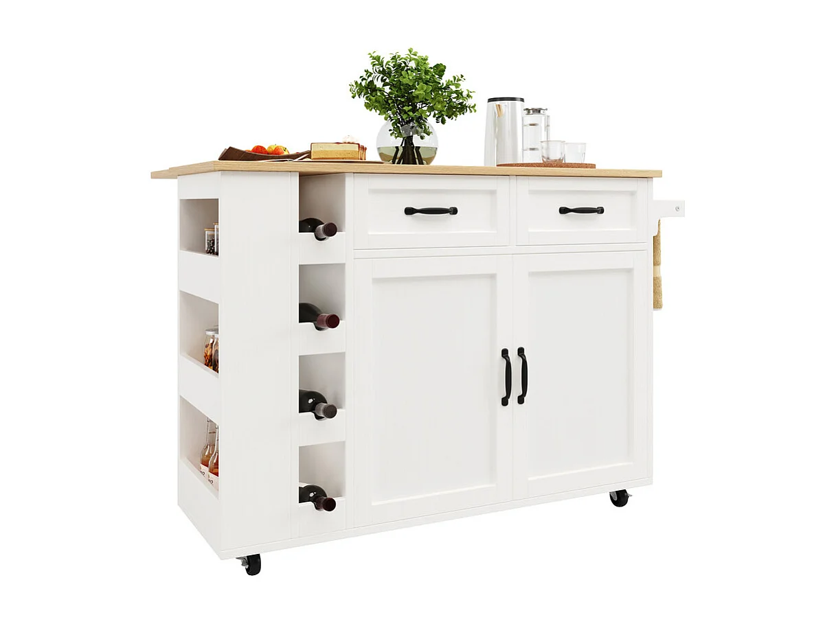 Isola centrale cucina con scaffale per vino 2 cassetti e 2 ante - 2 prese - Bianco+naturale - 131.5x43/76x90.7cm
