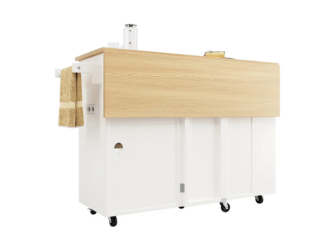 Isola centrale cucina con scaffale per vino 2 cassetti e 2 ante - 2 prese - Bianco+naturale - 131.5x43/76x90.7cm