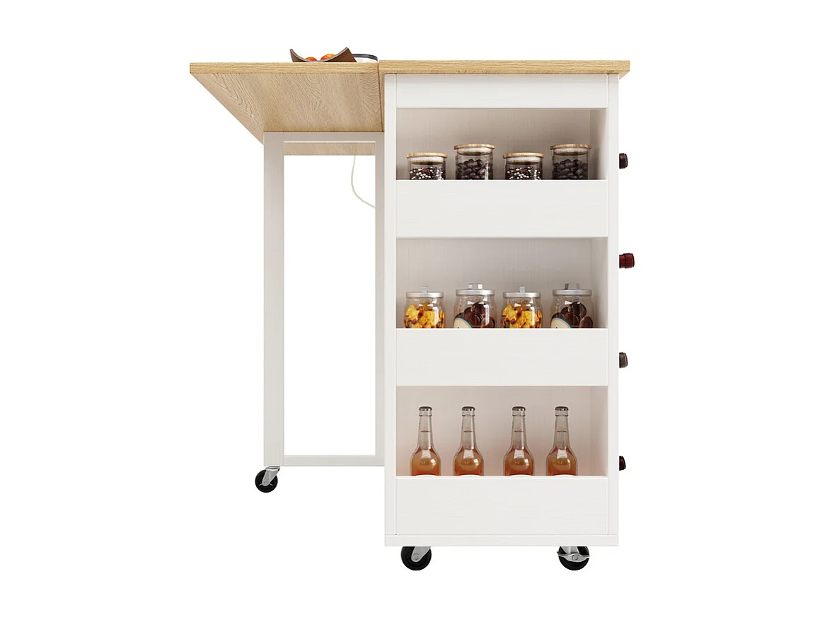 Isola centrale cucina con scaffale per vino 2 cassetti e 2 ante - 2 prese - Bianco+naturale - 131.5x43/76x90.7cm
