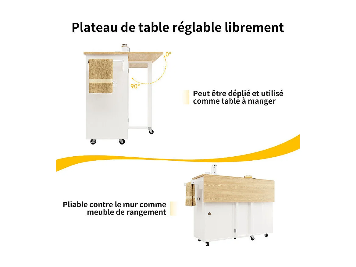 Isola centrale cucina con scaffale per vino 2 cassetti e 2 ante - 2 prese - Bianco+naturale - 131.5x43/76x90.7cm