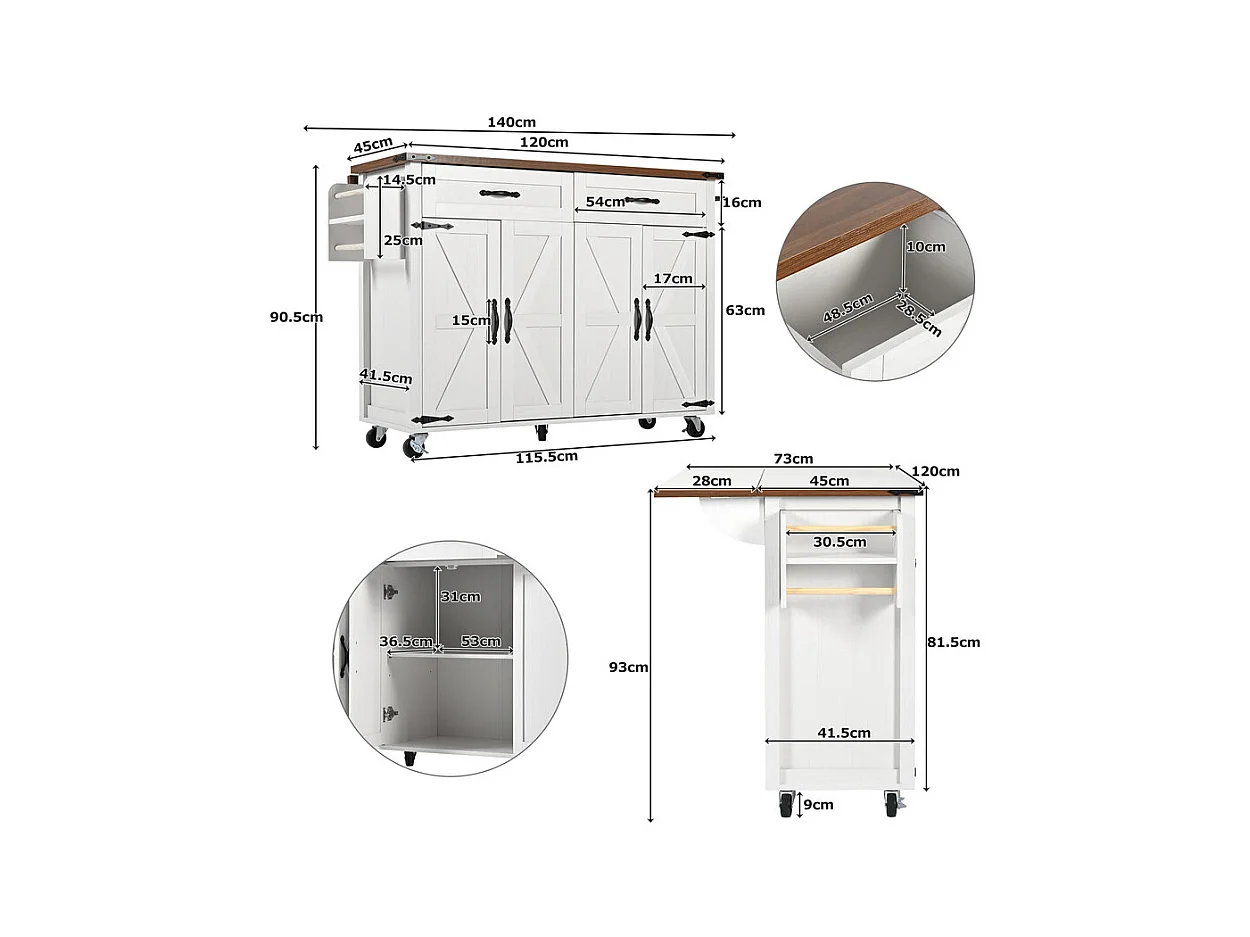 Ilot central de cuisine 4 portes 2 tiroirs en MDF, avec table pliable et 5 roulettes, Blanc - 140x45/73x93cm
