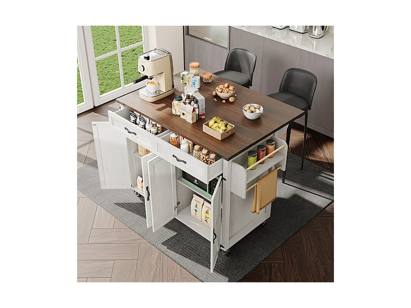 Ilot central de cuisine 4 portes 2 tiroirs en MDF, avec table pliable et 5 roulettes, Blanc - 140x45/73x93cm