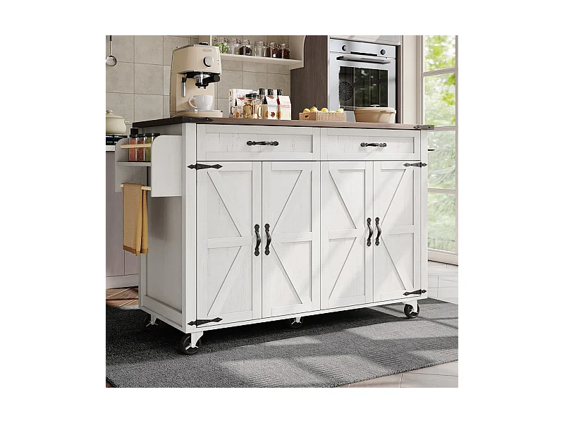 Ilot central de cuisine 4 portes 2 tiroirs en MDF, avec table pliable et 5 roulettes, Blanc - 140x45/73x93cm