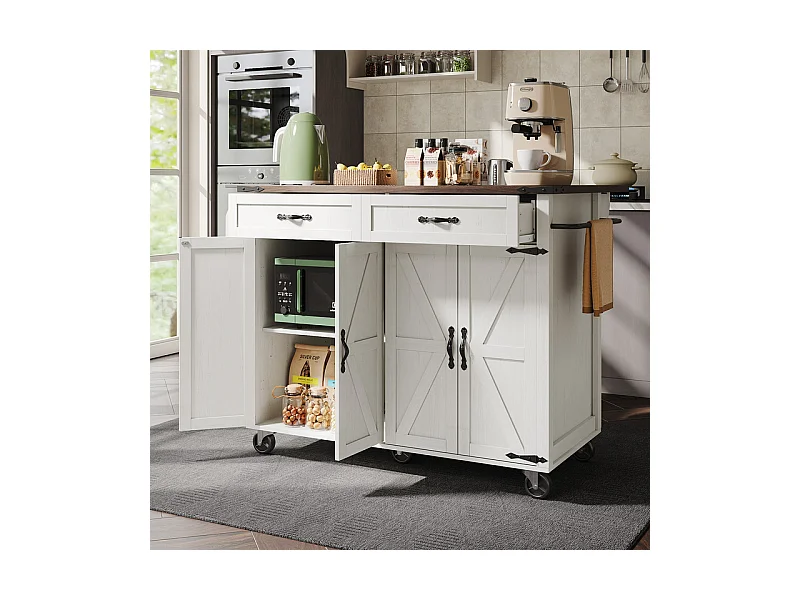 Ilot central de cuisine 4 portes 2 tiroirs en MDF, avec table pliable et 5 roulettes, Blanc - 140x45/73x93cm