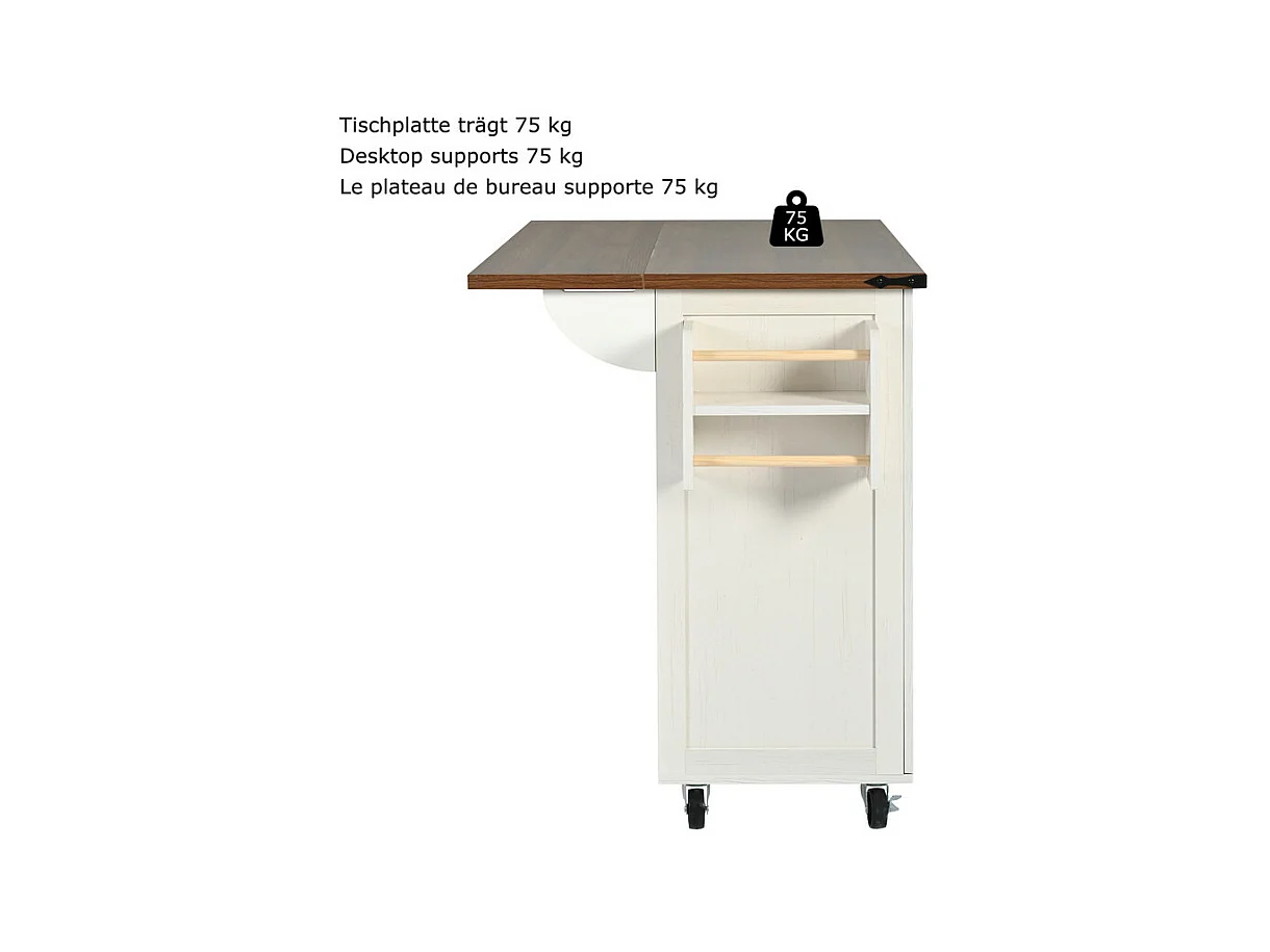 Ilot central de cuisine 4 portes 2 tiroirs en MDF, avec table pliable et 5 roulettes, Blanc - 140x45/73x93cm