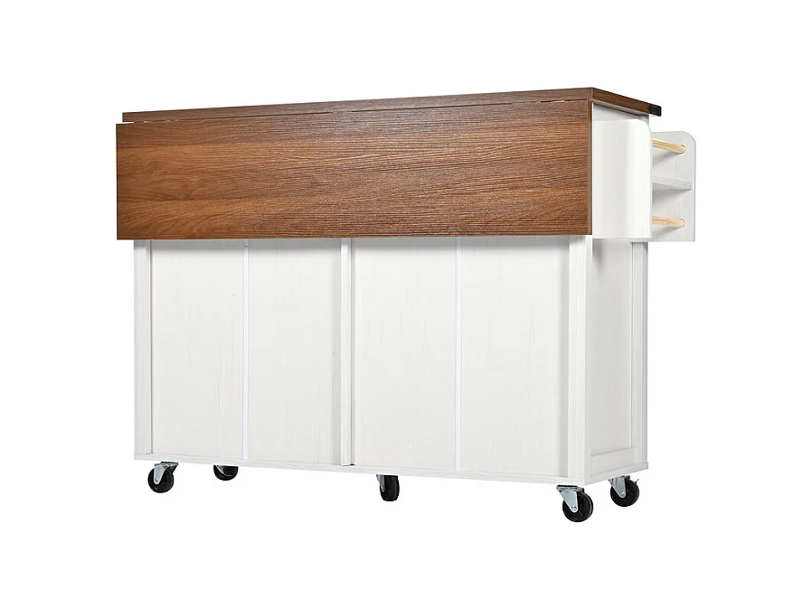 Ilot central de cuisine 4 portes 2 tiroirs en MDF, avec table pliable et 5 roulettes, Blanc - 140x45/73x93cm