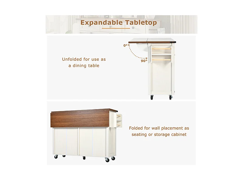 Ilot central de cuisine 4 portes 2 tiroirs en MDF, avec table pliable et 5 roulettes, Blanc - 140x45/73x93cm