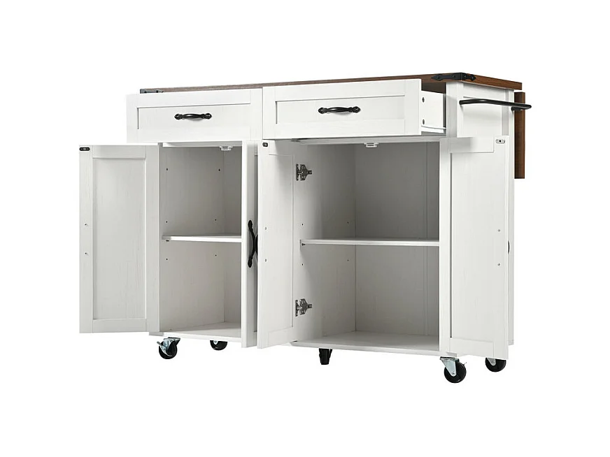 Ilot central de cuisine 4 portes 2 tiroirs en MDF, avec table pliable et 5 roulettes, Blanc - 140x45/73x93cm