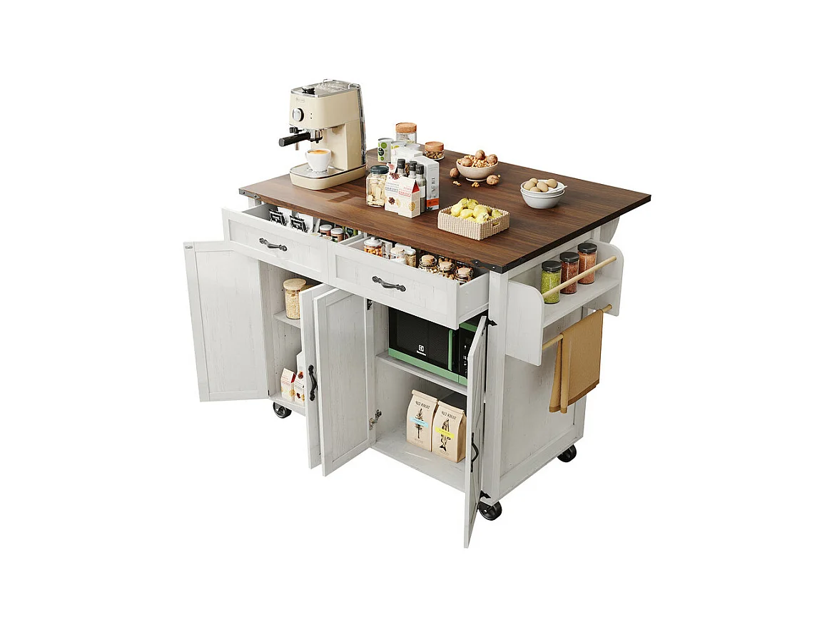 Kücheninsel 4 Türen 2 Schubladen aus MDF, mit Klapptisch und 5 Rollen, Weiß - 140x45/73x93cm