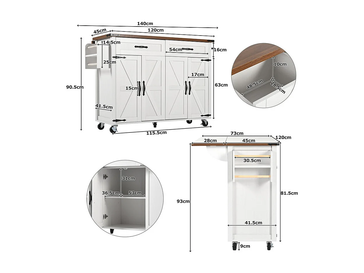 Isla central de cocina 4 puertas 2 cajones en MDF, con mesa plegable y 5 ruedas, Blanco - 140x45/73x93cm