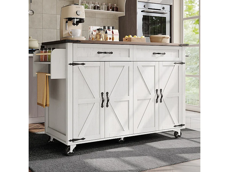 Isla central de cocina 4 puertas 2 cajones en MDF, con mesa plegable y 5 ruedas, Blanco - 140x45/73x93cm