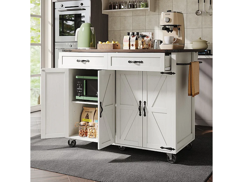 Isla central de cocina 4 puertas 2 cajones en MDF, con mesa plegable y 5 ruedas, Blanco - 140x45/73x93cm