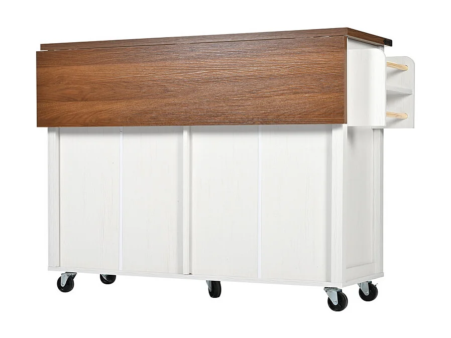 Ilot central de cuisine 4 portes 2 tiroirs en MDF, avec table pliable et 5 roulettes, Blanc - 140x45/73x93cm