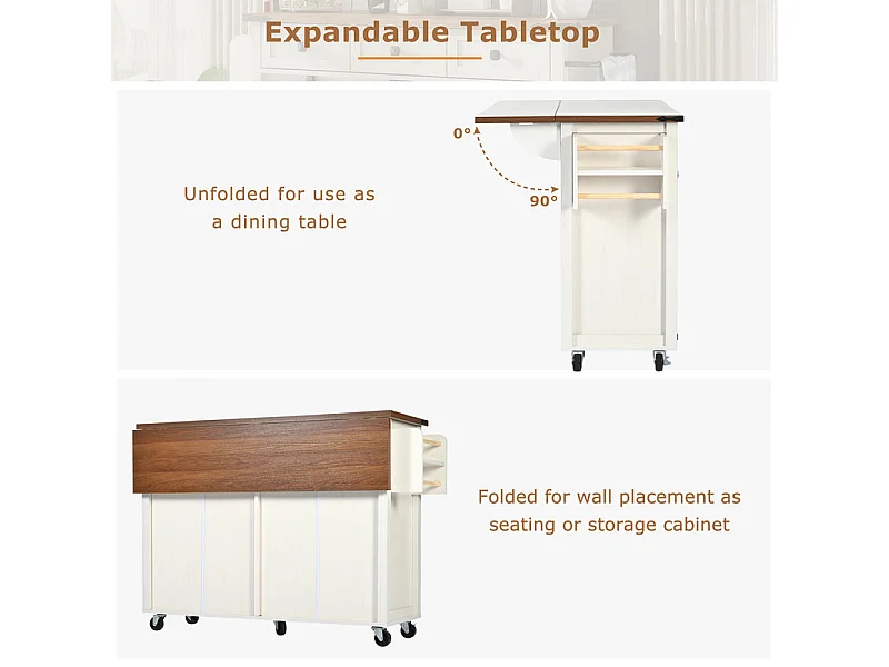 Ilot central de cuisine 4 portes 2 tiroirs en MDF, avec table pliable et 5 roulettes, Blanc - 140x45/73x93cm