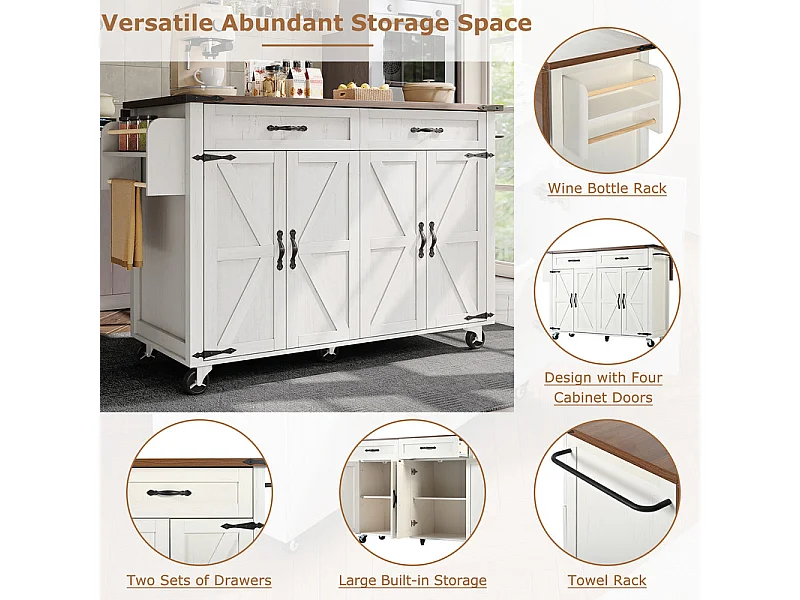 Ilot central de cuisine 4 portes 2 tiroirs en MDF, avec table pliable et 5 roulettes, Blanc - 140x45/73x93cm