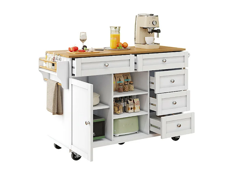 Ilha central de cozinha com 5 gavetas 3 nichos e 1 porta, com pés fixos e rodas, 134x46x92cm - Branco