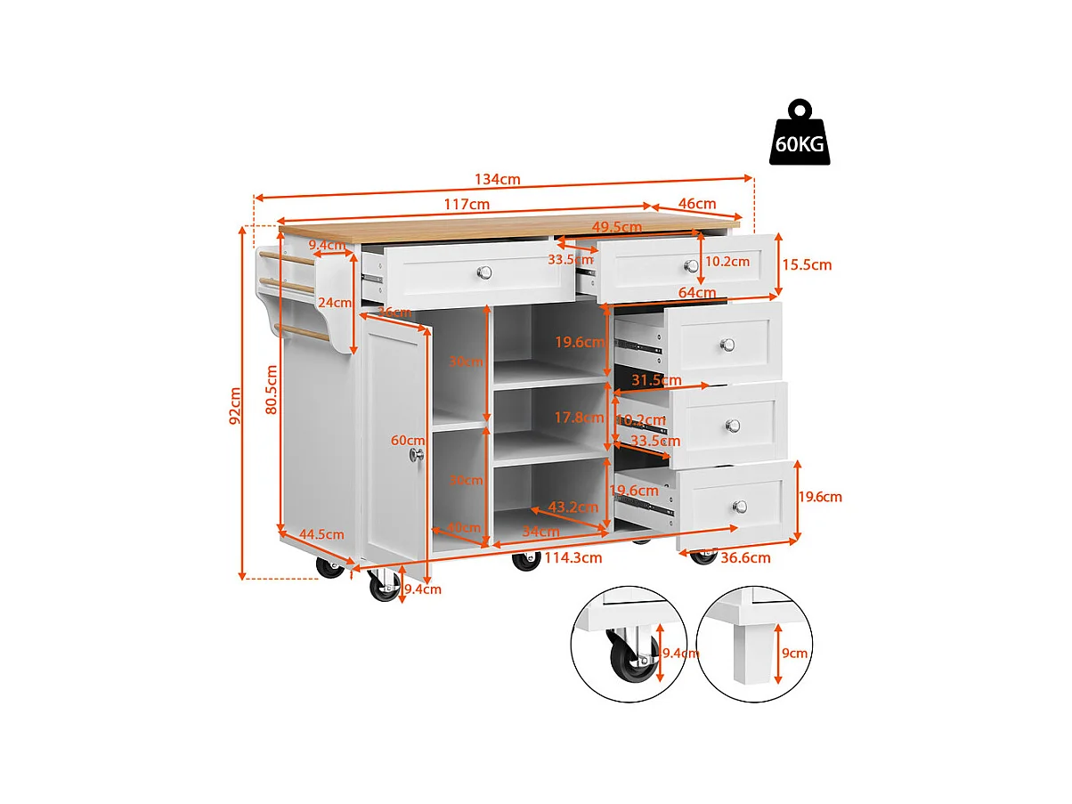 Ilot central de cuisine avec 5 tiroirs 3 niches et 1 porte, avec pieds de support fixe et roulettes, 134x46x92cm - Blanc