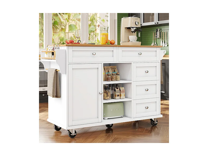 Ilot central de cuisine avec 5 tiroirs 3 niches et 1 porte, avec pieds de support fixe et roulettes, 134x46x92cm - Blanc