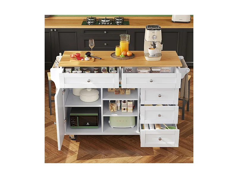 Ilot central de cuisine avec 5 tiroirs 3 niches et 1 porte, avec pieds de support fixe et roulettes, 134x46x92cm - Blanc