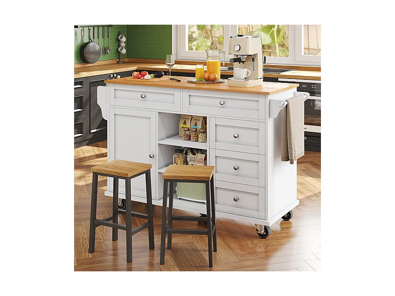 Ilot central de cuisine avec 5 tiroirs 3 niches et 1 porte, avec pieds de support fixe et roulettes, 134x46x92cm - Blanc