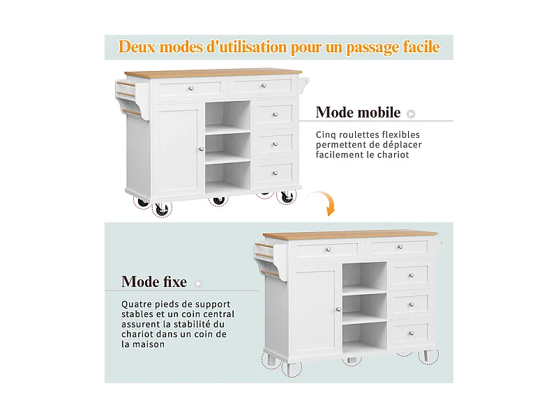 Ilot central de cuisine avec 5 tiroirs 3 niches et 1 porte, avec pieds de support fixe et roulettes, 134x46x92cm - Blanc