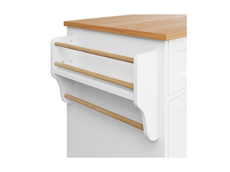 Ilot central de cuisine avec 5 tiroirs 3 niches et 1 porte, avec pieds de support fixe et roulettes, 134x46x92cm - Blanc