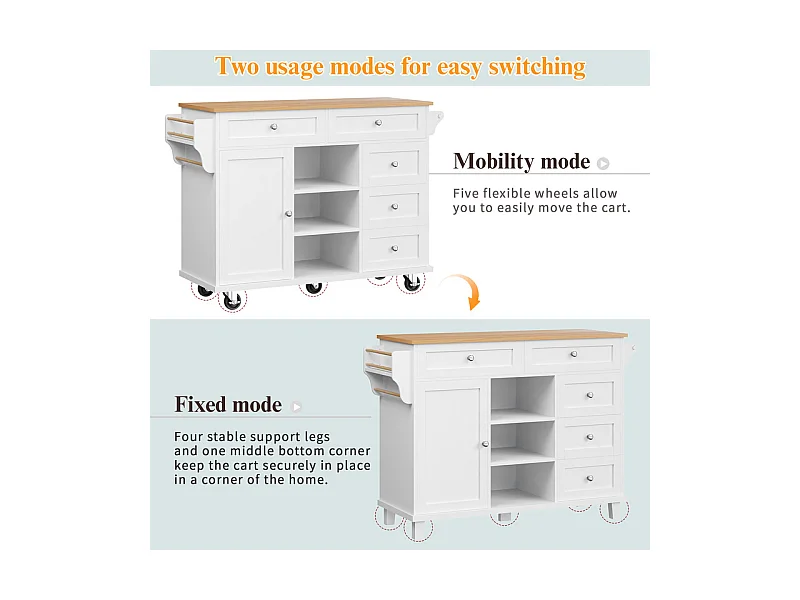 Ilot central de cuisine avec 5 tiroirs 3 niches et 1 porte, avec pieds de support fixe et roulettes, 134x46x92cm - Blanc