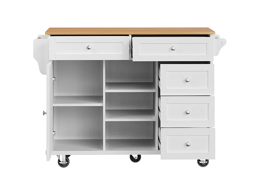 Ilot central de cuisine avec 5 tiroirs 3 niches et 1 porte, avec pieds de support fixe et roulettes, 134x46x92cm - Blanc