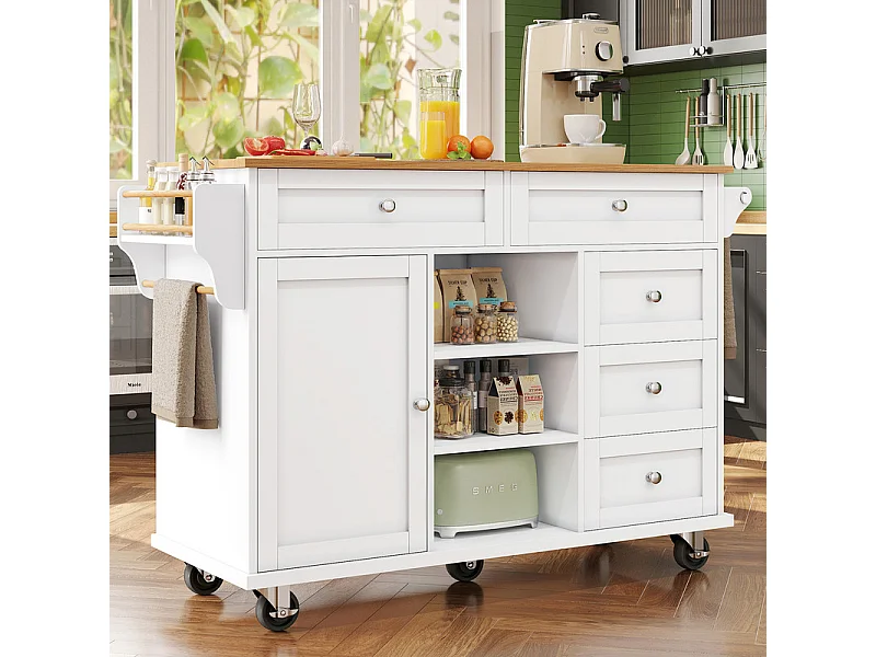 Ilot central de cuisine avec 5 tiroirs 3 niches et 1 porte, avec pieds de support fixe et roulettes, 134x46x92cm - Blanc