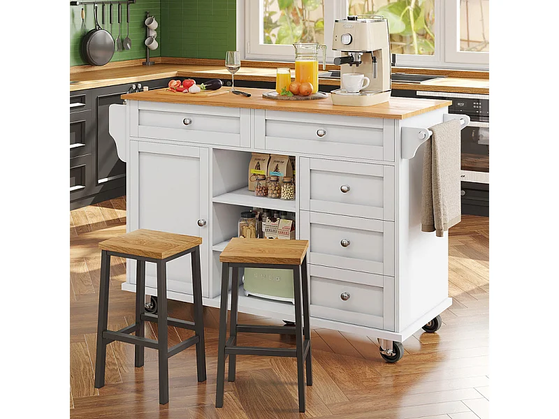 Ilot central de cuisine avec 5 tiroirs 3 niches et 1 porte, avec pieds de support fixe et roulettes, 134x46x92cm - Blanc