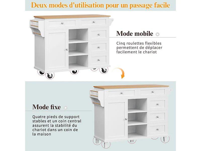 Ilot central de cuisine avec 5 tiroirs 3 niches et 1 porte, avec pieds de support fixe et roulettes, 134x46x92cm - Blanc
