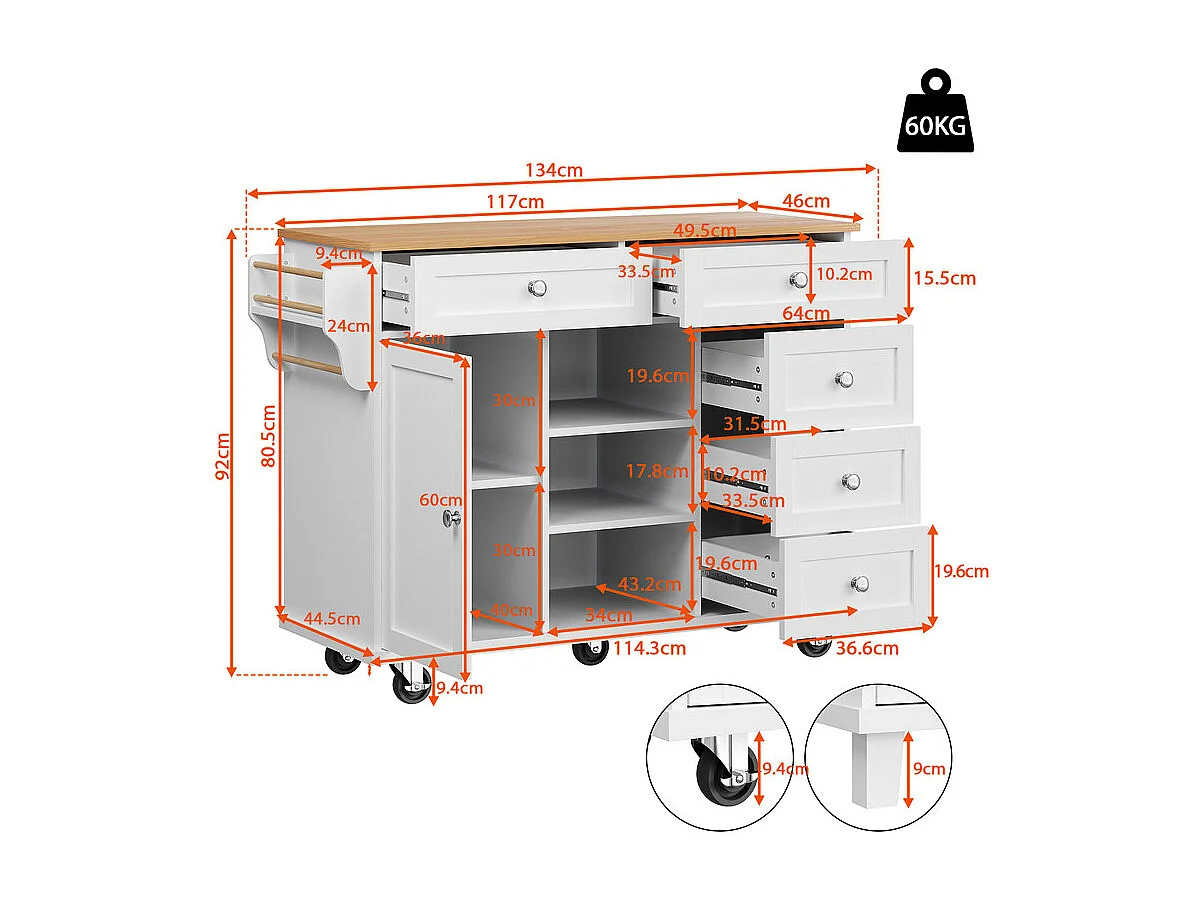 Kücheninsel mit 5 Schubladen 3 Fächer und 1 Tür, mit festen Füßen und Rollen, 134x46x92cm - Weiß