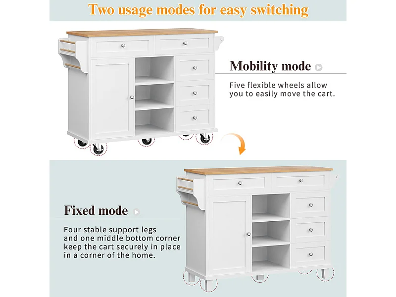 Kücheninsel mit 5 Schubladen 3 Fächer und 1 Tür, mit festen Füßen und Rollen, 134x46x92cm - Weiß