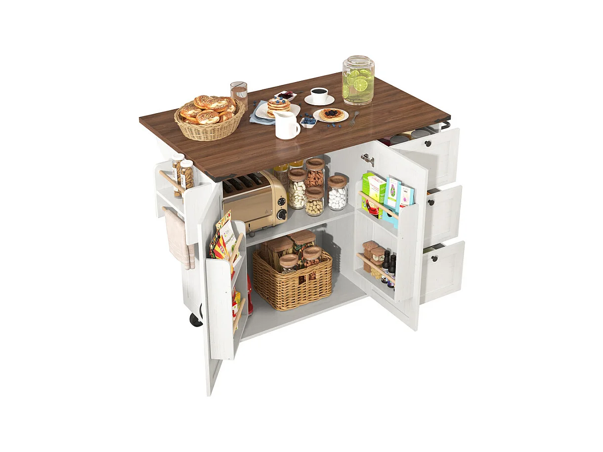 Ilot central de cuisine avec 3 tiroirs et 2 portes en MDF - porte-serviette - 5 roulettes - Beige - 140x45/73x92.5cm