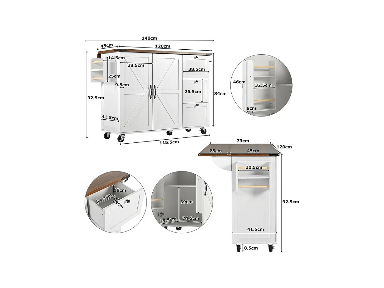 Ilot central de cuisine avec 3 tiroirs et 2 portes en MDF - porte-serviette - 5 roulettes - Beige - 140x45/73x92.5cm