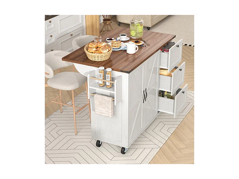 Ilot central de cuisine avec 3 tiroirs et 2 portes en MDF - porte-serviette - 5 roulettes - Beige - 140x45/73x92.5cm