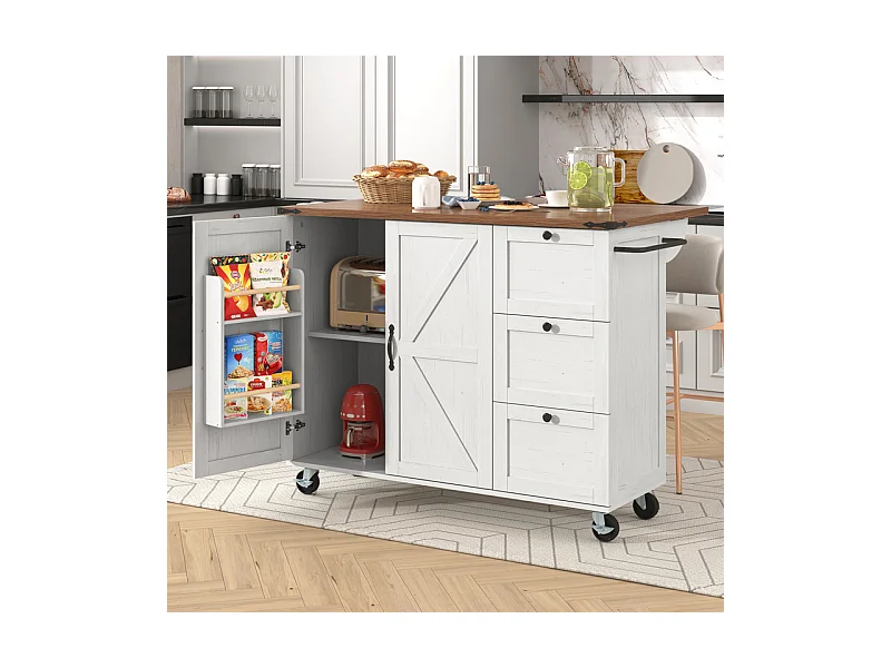 Ilot central de cuisine avec 3 tiroirs et 2 portes en MDF - porte-serviette - 5 roulettes - Beige - 140x45/73x92.5cm