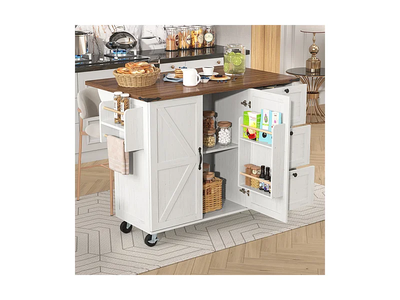 Ilot central de cuisine avec 3 tiroirs et 2 portes en MDF - porte-serviette - 5 roulettes - Beige - 140x45/73x92.5cm